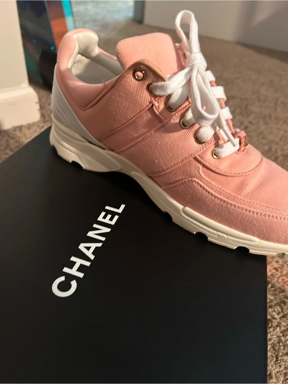 Authentic CHANEL Pink Canvas Low-Top Sneakers with White Laces